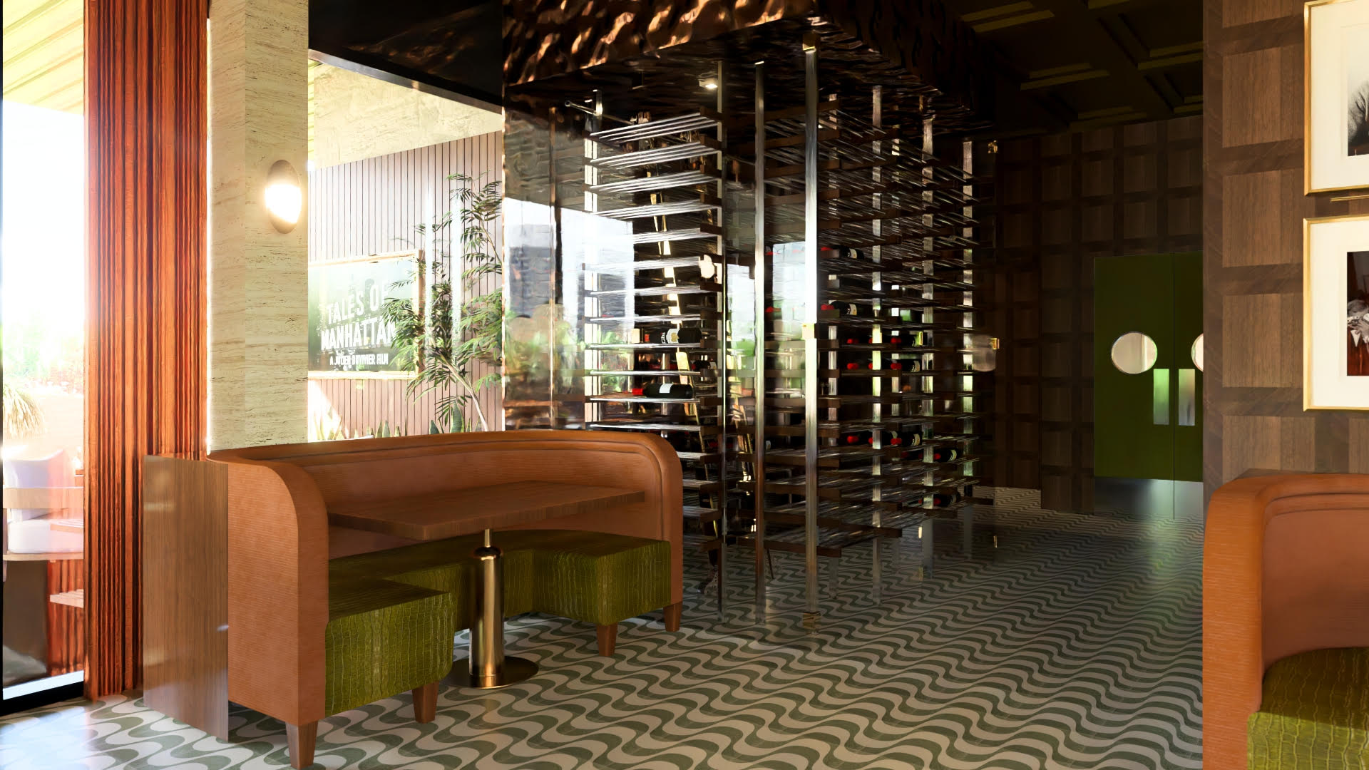 wine rack render of restaraunt