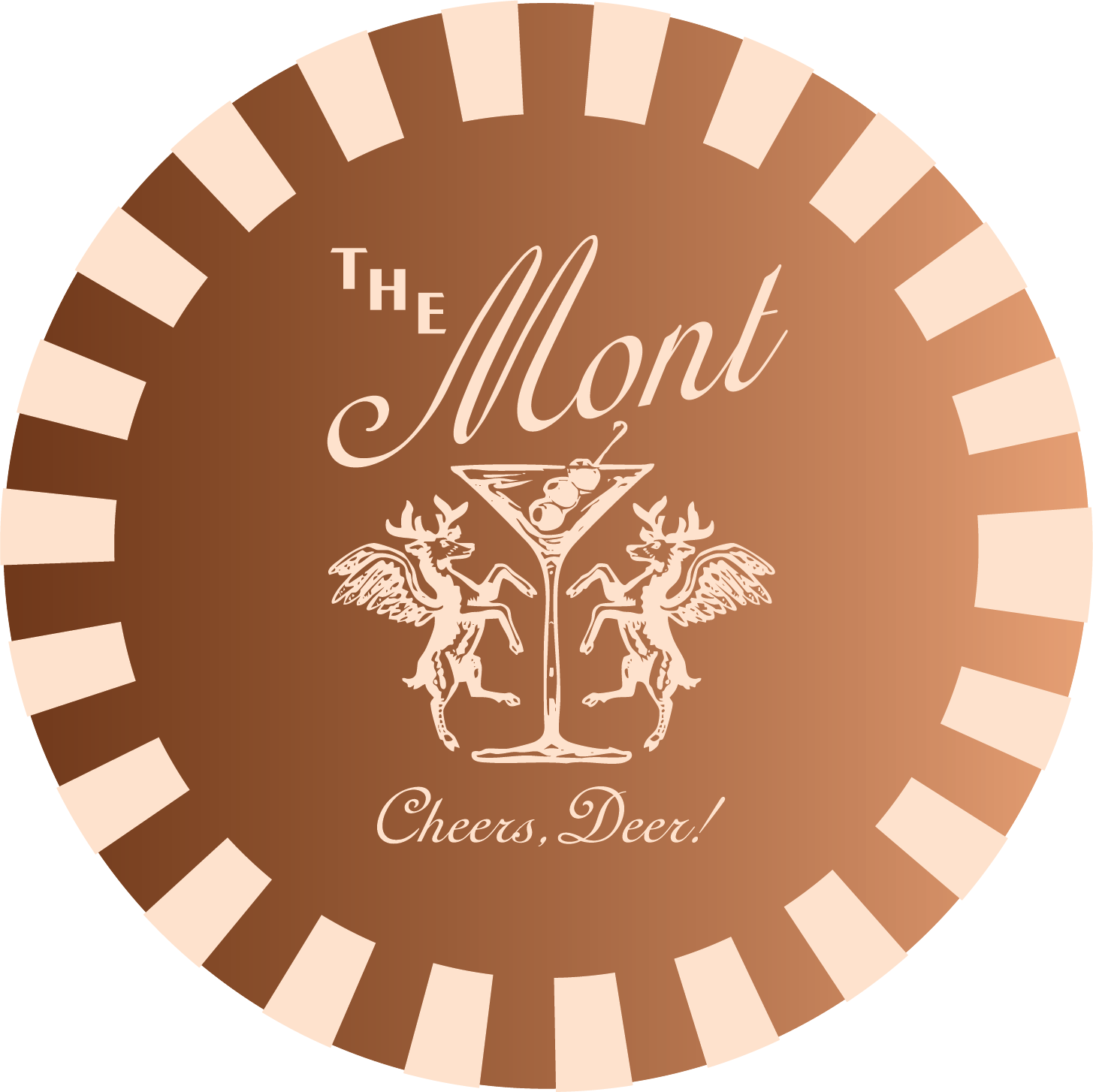badge design featuring a cocktail, and two deer, and the words cheers deer in a cheeky fashion